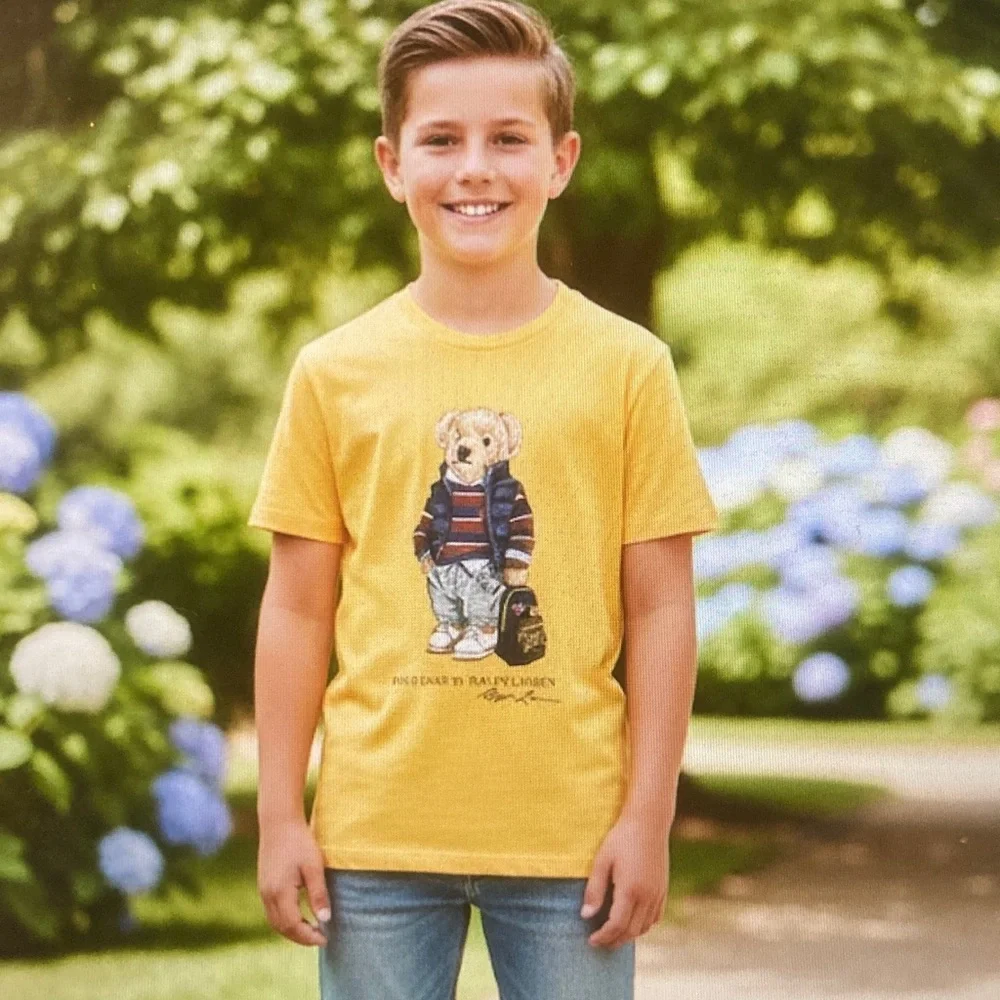 Ralph Lauren Yellow Polo Bear Kids Tee Preppy Iconic Classic Graphic S296